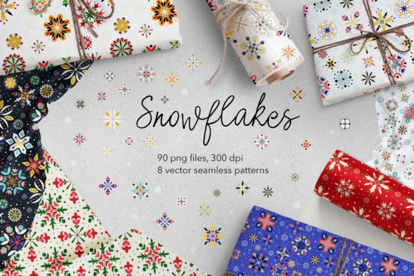 彩色手绘雪花图案纹样节日背景素材 Snowflakes