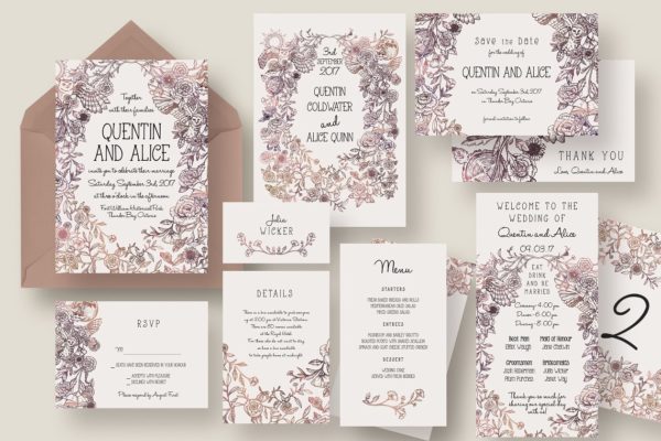 魔幻手绘水彩花卉婚礼主题平面设计套件 Magical Collage Wedding Suite