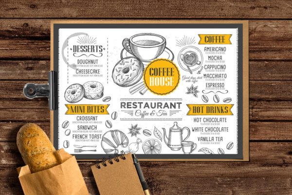 复古素描风格咖啡厅食品菜单设计模板 Coffee Menu Brochure