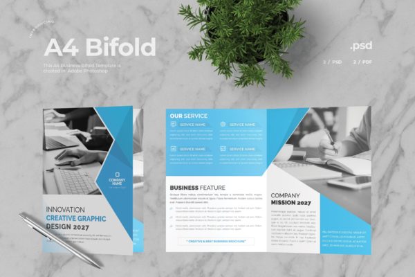 科技公司适用的蓝色企业宣传册设计模板v7 Business Bifold Brochure