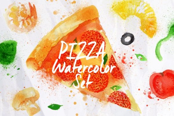 手工绘制的水彩污渍披萨插图合集 Pizza watercolor set