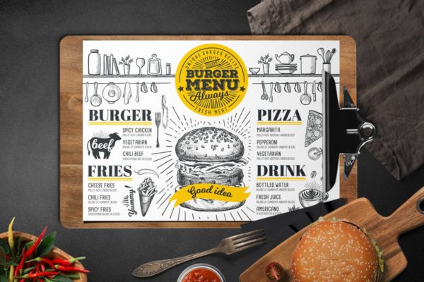 素描手绘设计风格汉堡包菜单设计模板 Food Menu Template