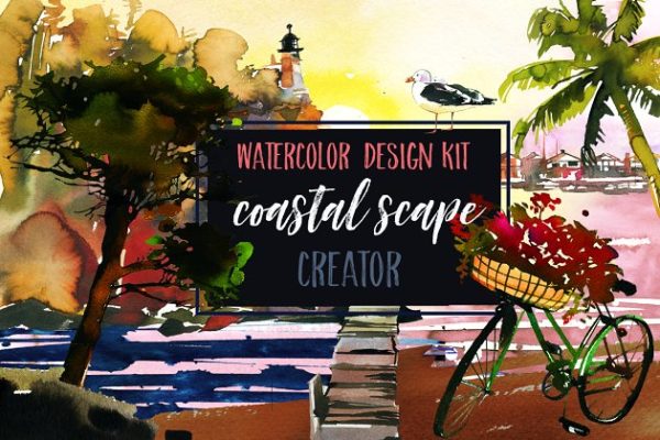 海景水彩场景设计素材包 Watercolor Trees Palms SeaScape Kit.