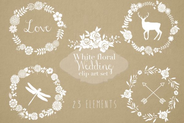 白色花卉花环剪贴画合集 White floral clip art set