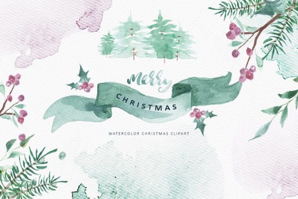 美丽冬季圣诞水彩剪贴画合集 Merry Christmas Watercolor Bundle