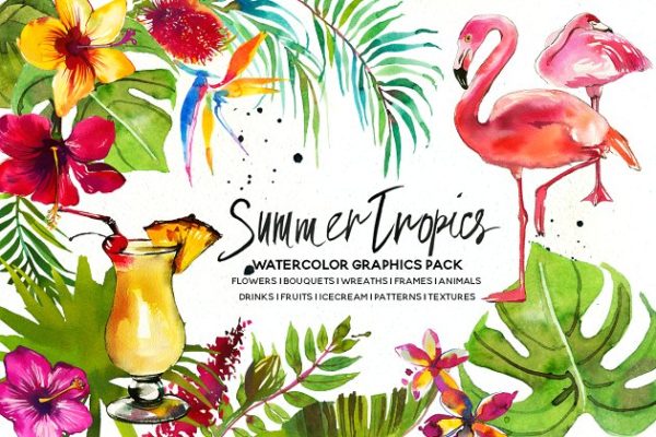 热带水彩花卉超级素材包[1.92GB] Tropic Watercolor Flowers &amp; Animals