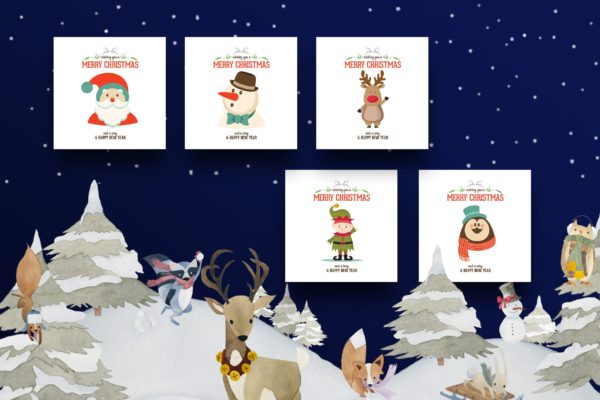5张迷你圣诞贺卡设计模板 5 Mini Christmas Greeting Cards