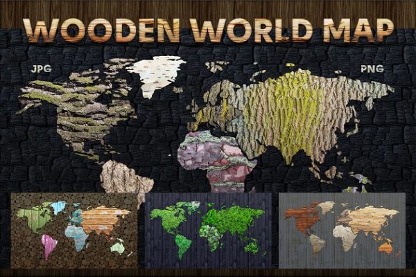 木纹创意世界地图设计图形素材 Wood Texture World Maps