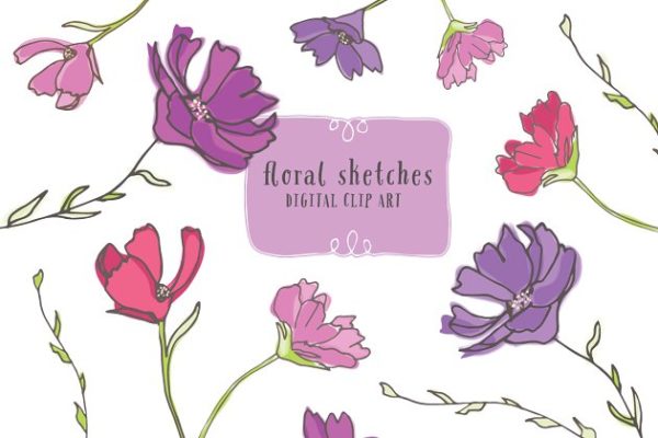 花卉草图花饰剪贴画 Floral Sketches &#8211; Floral Clip Art