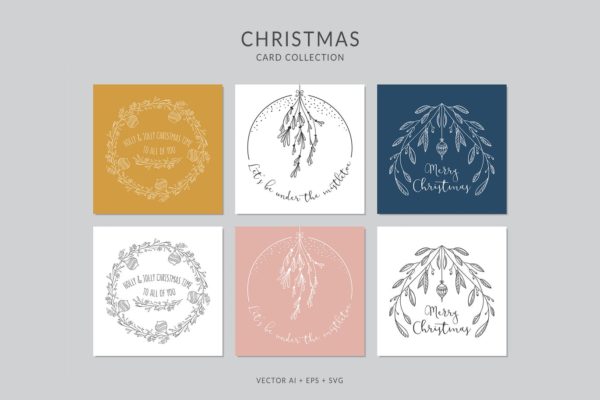 手绘圣诞装饰花环元素圣诞节贺卡设计模板v1 Christmas Greeting Card Vector Set