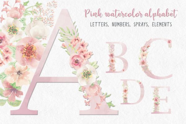 粉色水彩花卉字母和数字设计艺术字剪贴画PNG素材 Pink Watercolor Floral Letters and Numbers