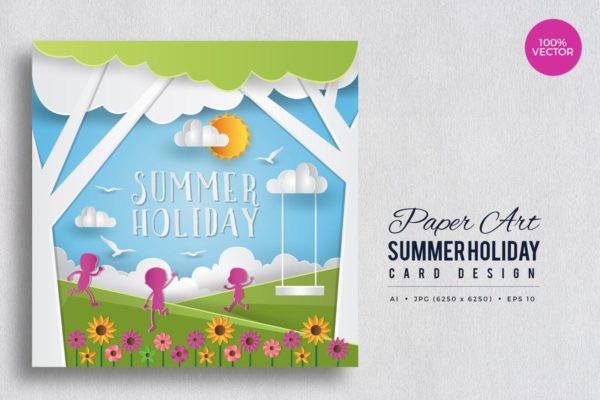 剪纸艺术夏日度假贺卡矢量模板v3 Paper Art Summer Holiday Vector Card Vol.3