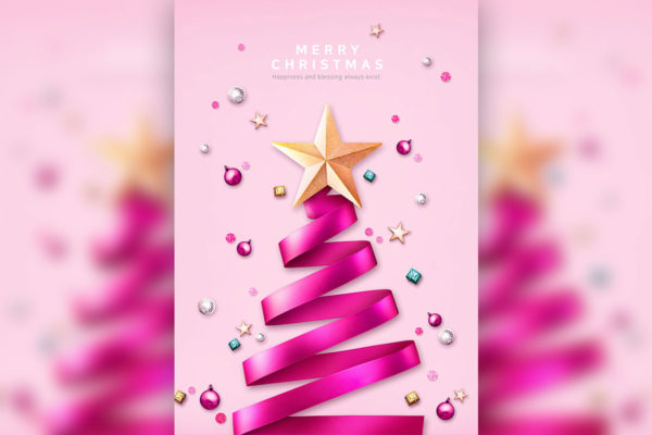 金星&#038;玫红丝带圣诞树主题海报设计素材[PSD]