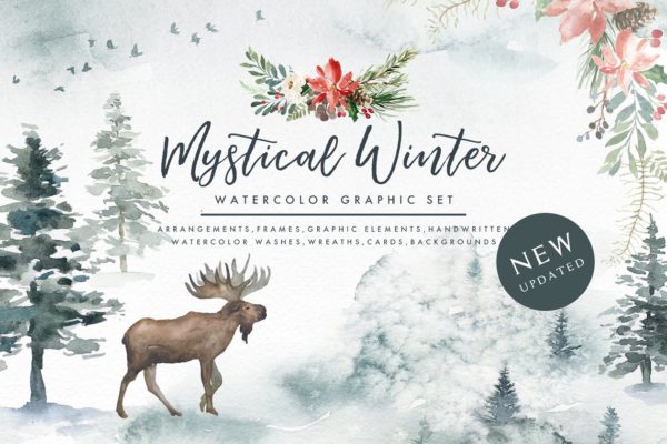 冬日动植物元素水彩设计素材合集（） Mystical Winter