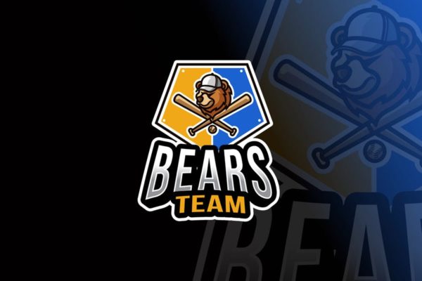 棒球熊卡通形象篮球队队徽图案Logo设计模板 Bears Baseball Logo Template