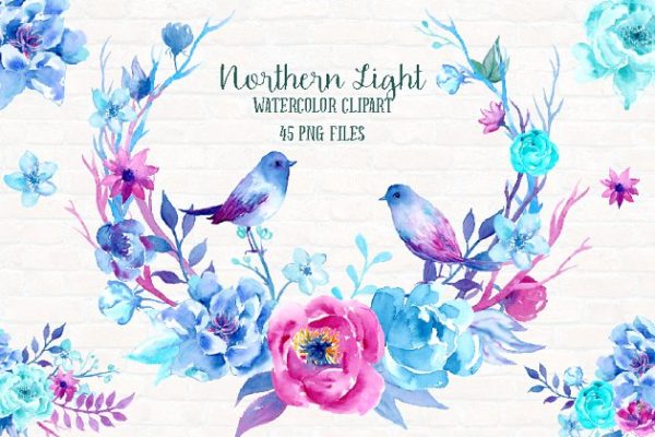 北极光色彩花卉水彩剪贴画 Watercolor Clipart Northern Light