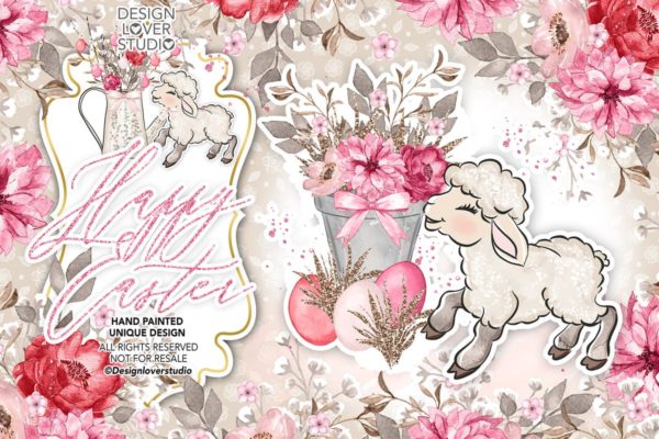 快乐复活节羔羊水彩剪贴画设计素材 Happy Easter lamb design