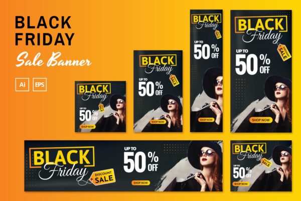 黑色星期五购物主题促销广告Banner图设计模板 Black Friday Sale Banners
