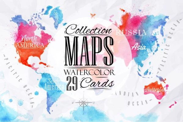 水彩世界地图矢量图形 Watercolor world map