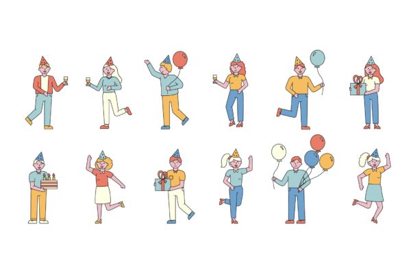 聚会派对人物形象线条艺术矢量插画16素材网精选素材 Party Lineart People Character Collection