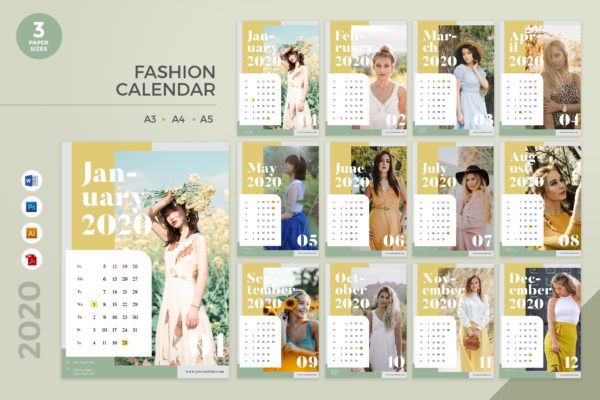 时尚服饰品牌定制设计2020年日历表设计模板 Fashion Calendar 2020 Calendar &#8211; AI, DOC, PSD