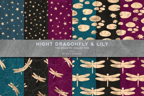 玫瑰金星空/荷叶/蜻蜓图案纹理 Rose Gold Night Dragonfly Patterns