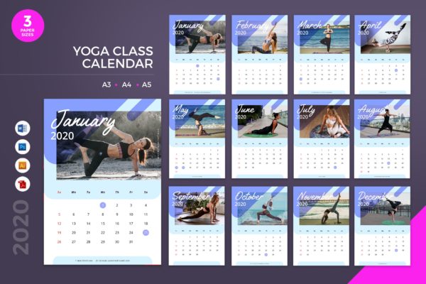 瑜伽馆定制2020年新年日历表设计模板 Yoga Class Calendar 2020 Calendar &#8211; AI, DOC, PSD