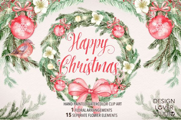 圣诞节主题水彩插画设计套装 Watercolor &#8220;Happy Christmas&#8221; design