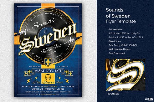 瑞典之声电子音乐PSD宣传单模板 Sounds of Sweden Flyer PSD