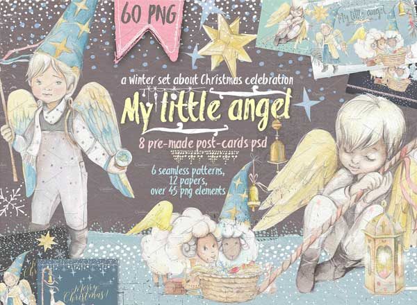 圣诞节日素材-手绘水彩天使素材包 &#8220;Little angel&#8221;[1.33GB, 贺卡模板+无缝纹理+Page+元素]