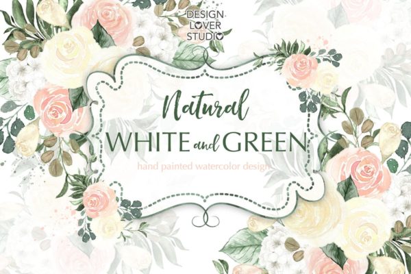 白色&amp;绿色水彩花卉设计插画素材 Watercolor flowers white and green design
