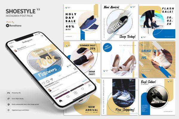 潮牌运动鞋品牌Instagram社交推广设计素材 ShoeStyle Product &#8211; Instagram Post Pack