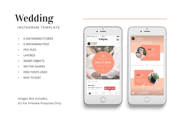 婚礼婚宴Instagram社交邀请函设计模板16图库精选 Wedding Instagram Kit Template