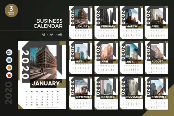 金融行业定制2020年日历表设计模板 Business Calendar 2020 Calendar &#8211; AI, DOC, PSD