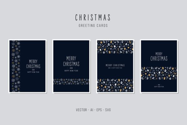 午夜蓝圣诞节装饰元素背景贺卡设计模板 Christmas Greeting Vector Card Set