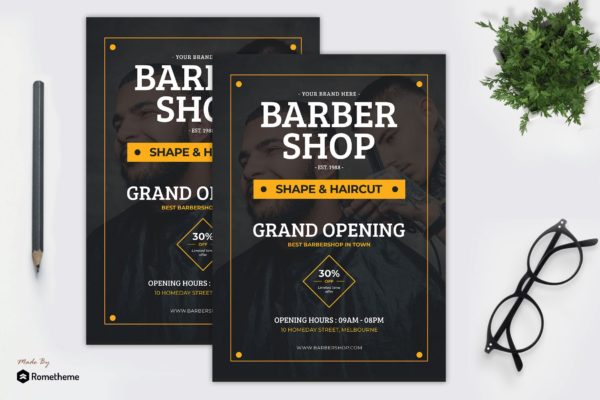 理发店开业活动广告海报传单设计模板 Barbershop &#8211; Grand Opening Flyer Template