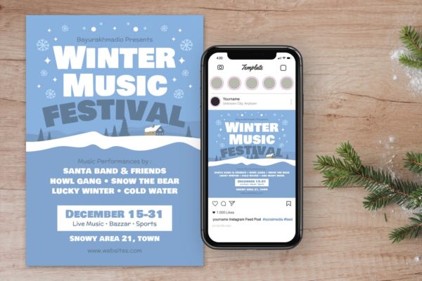 冬天圣诞节音乐节活动海报传单设计模板 Winter Christmas Music Flyer