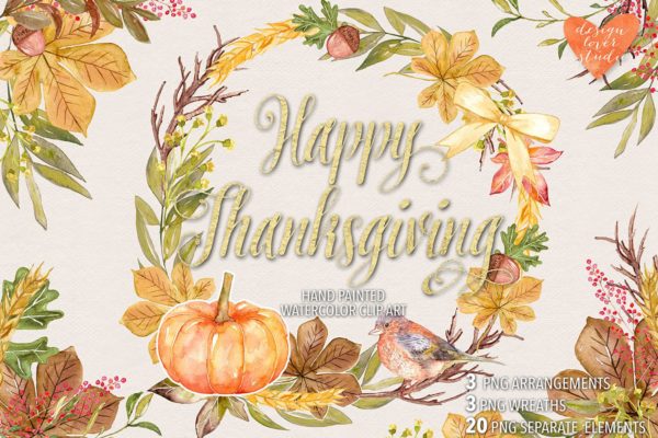 感恩节主题花卉水彩手绘矢量素材 Watercolor &#8220;Happy Thanksgiving&#8221; design