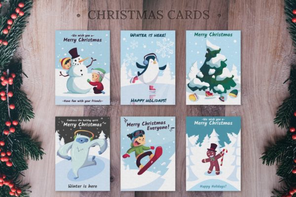 手绘设计风格圣诞节贺卡设计模板合集v2 Hand Drawn Christmas Cards Collection