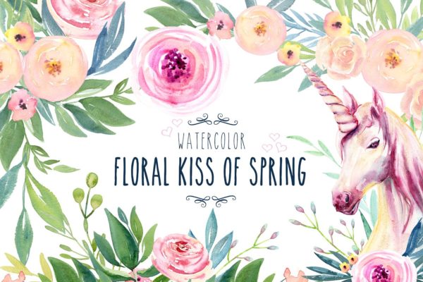 春天之吻水彩花卉剪贴画 Watercolor Floral Kiss of Spring