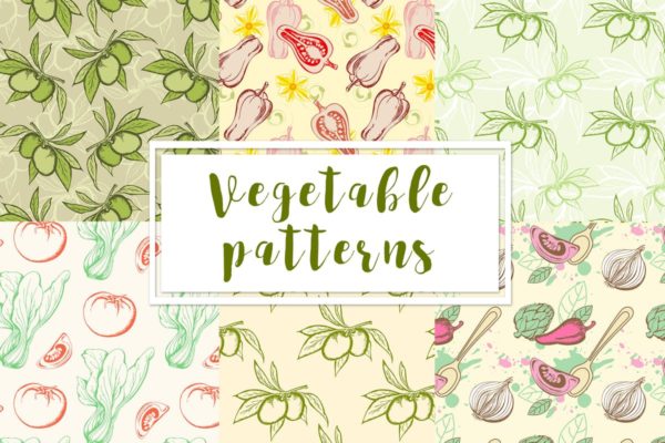 手绘蔬菜无缝图案设计素材 Vegetable Seamless Patterns