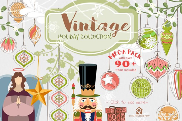 复古节日元素水彩剪贴画 Vintage Holiday Collection