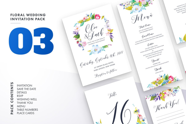 水彩花卉婚礼邀请函模板v3 Floral Wedding Invitation Set Vol.3