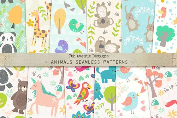 儿童主题素材无缝动物图案 Animals Seamless Patterns