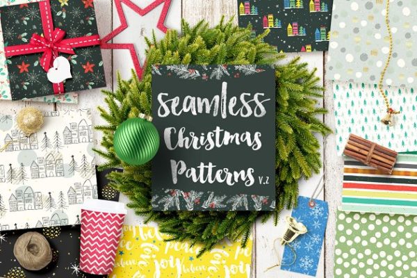 圣诞节主题礼品包装纸张图案纹理v2 Christmas Seamless Patterns v.2