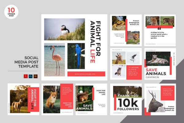 动物保护主题社交宣传PSD&amp;AI设计素材 Animal Protection Social Media Kit PSD &amp; AI