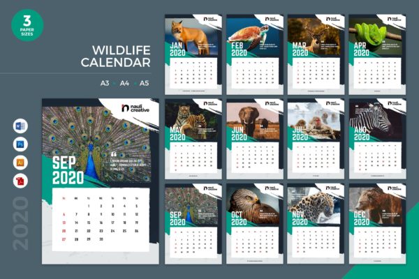 野生动物摄影主题2020年日历表设计模板 Wildlife Calendar 2020 Calendar &#8211; AI, DOC, PSD