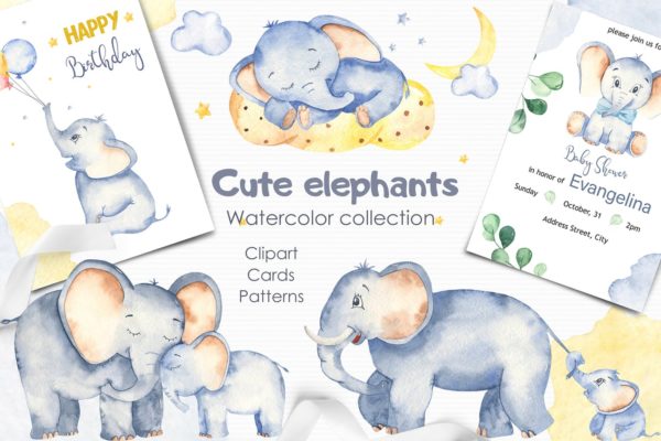 可爱卡通小象水彩手绘剪贴画＆卡片素材 Watercolor cute elephants. Clipart and cards
