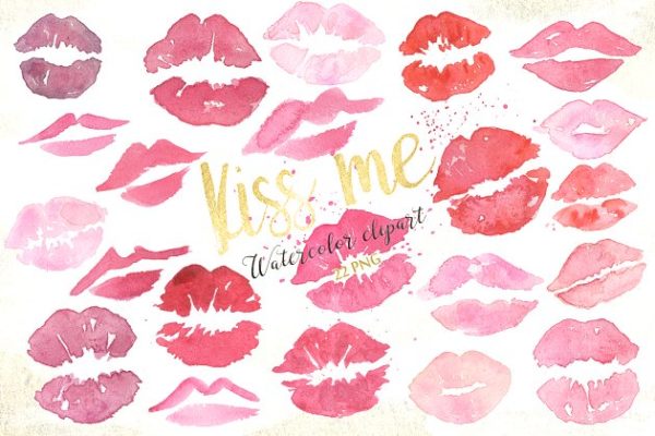情人节手绘水彩唇印艺术数字剪贴画 Kisses. Valentine watercolor clipart