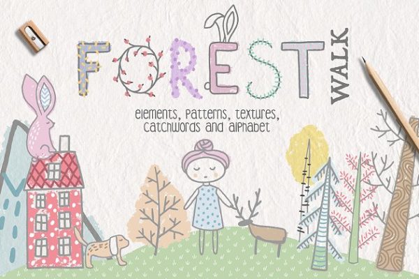 卡哇伊可爱风格手绘粉色系插画素材 Forest Walk Collection Pro